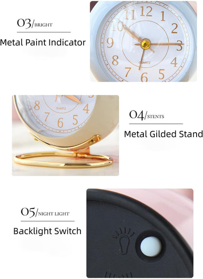 3 Inches Analog Alarm Clocks Retro Backlight Cute Simple Design with Night Light Silent Non-Ticking Battery Operated [Pink]