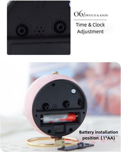 3 Inches Analog Alarm Clocks Retro Backlight Cute Simple Design with Night Light Silent Non-Ticking Battery Operated [Pink]