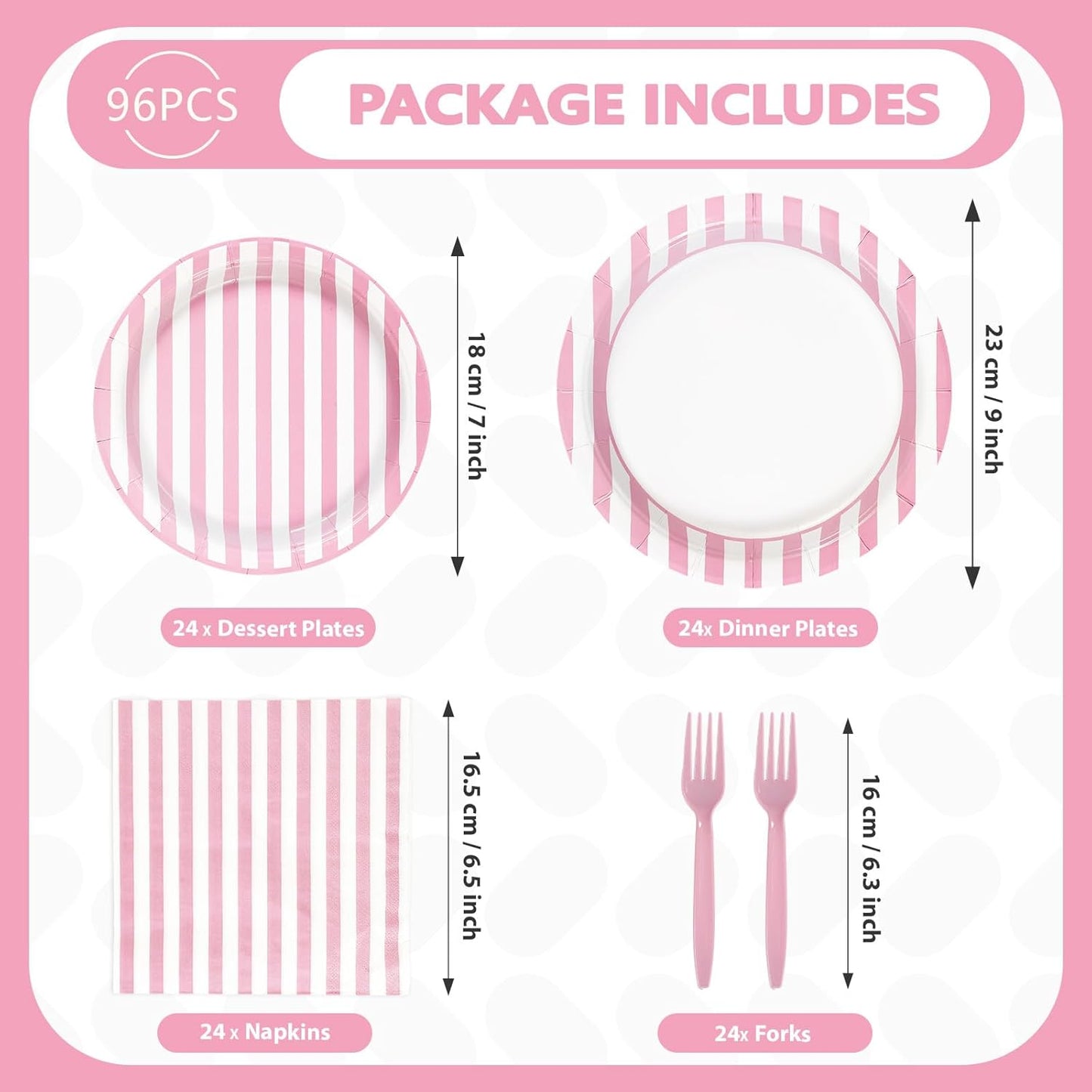 96Pcs Pink Striped Party Supplies Pink and White Stripe Plates and Napkins Disposable Pastel Striped Carnival Decoration Favors for Girls Birthday Wedding Bridal Baby Shower Summer BBQ Party Serves 24