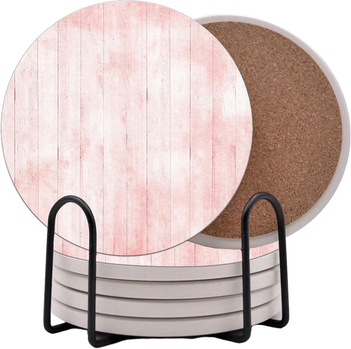 Light Pink Wood Grain Round Coasters Set of 6 - Abosrbent Ceramic Coasters with Metal Stand for Drinks, Coffee, Non-Slip Cork Back for Tabletop Protection, 4 Inches Marbled Pattern (Pink Wood)