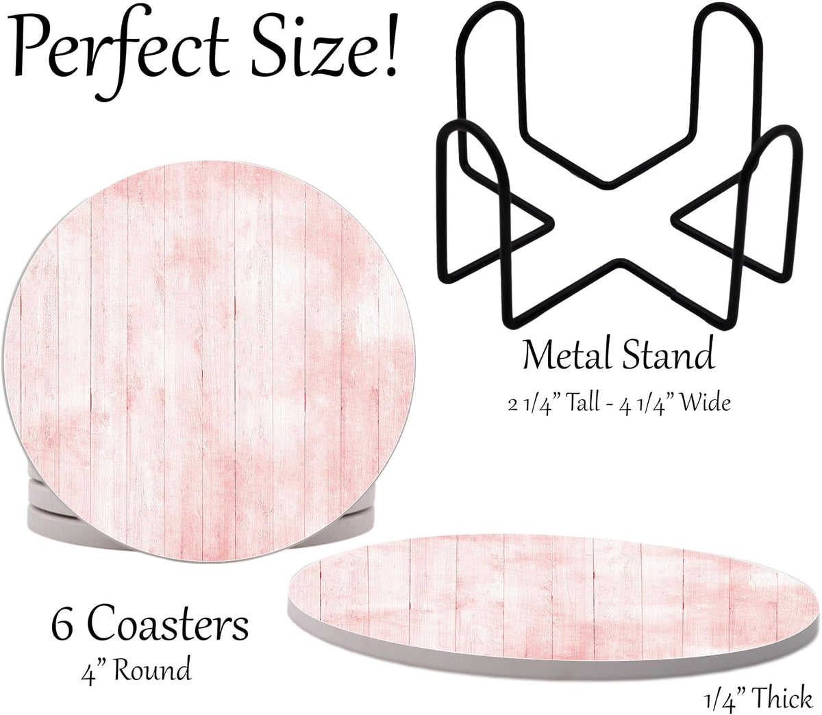 Light Pink Wood Grain Round Coasters Set of 6 - Abosrbent Ceramic Coasters with Metal Stand for Drinks, Coffee, Non-Slip Cork Back for Tabletop Protection, 4 Inches Marbled Pattern (Pink Wood)