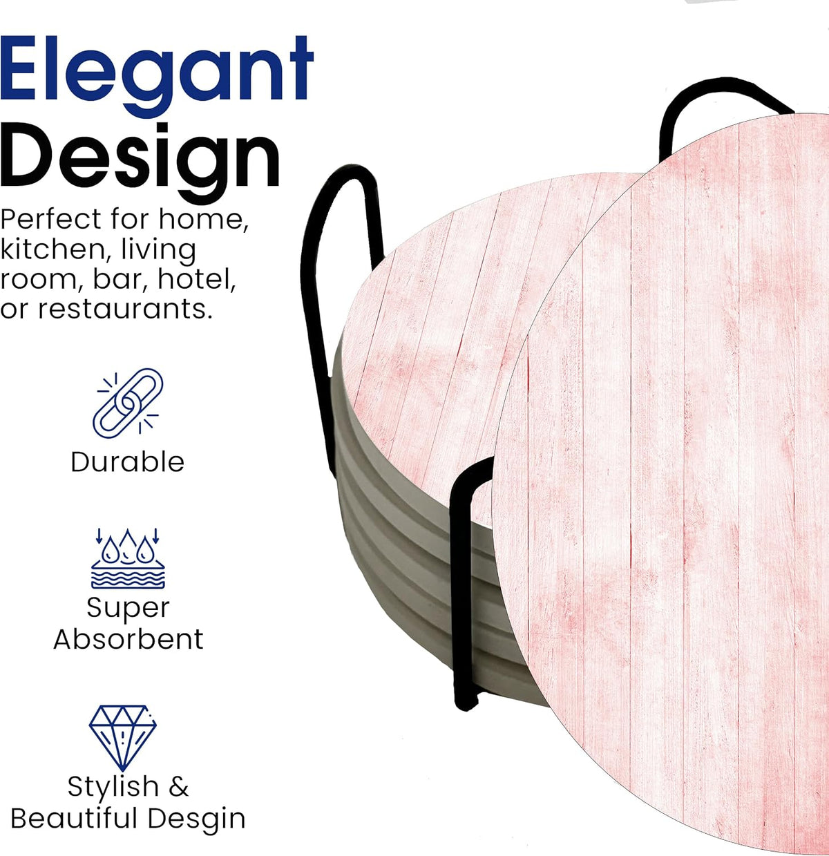 Light Pink Wood Grain Round Coasters Set of 6 - Abosrbent Ceramic Coasters with Metal Stand for Drinks, Coffee, Non-Slip Cork Back for Tabletop Protection, 4 Inches Marbled Pattern (Pink Wood)