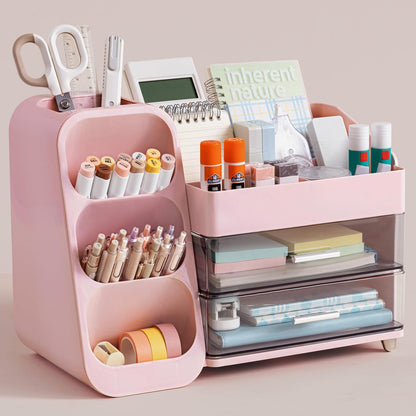 Desk Organizer with Pen Pencil Holder for Desk, Pen Organizer with 2 Drawers, Desk Organizers and Accessories with 4 Compartments, Desktop Storage for Office Home School Art Supplies, Pink