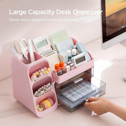 Desk Organizer with Pen Pencil Holder for Desk, Pen Organizer with 2 Drawers, Desk Organizers and Accessories with 4 Compartments, Desktop Storage for Office Home School Art Supplies, Pink