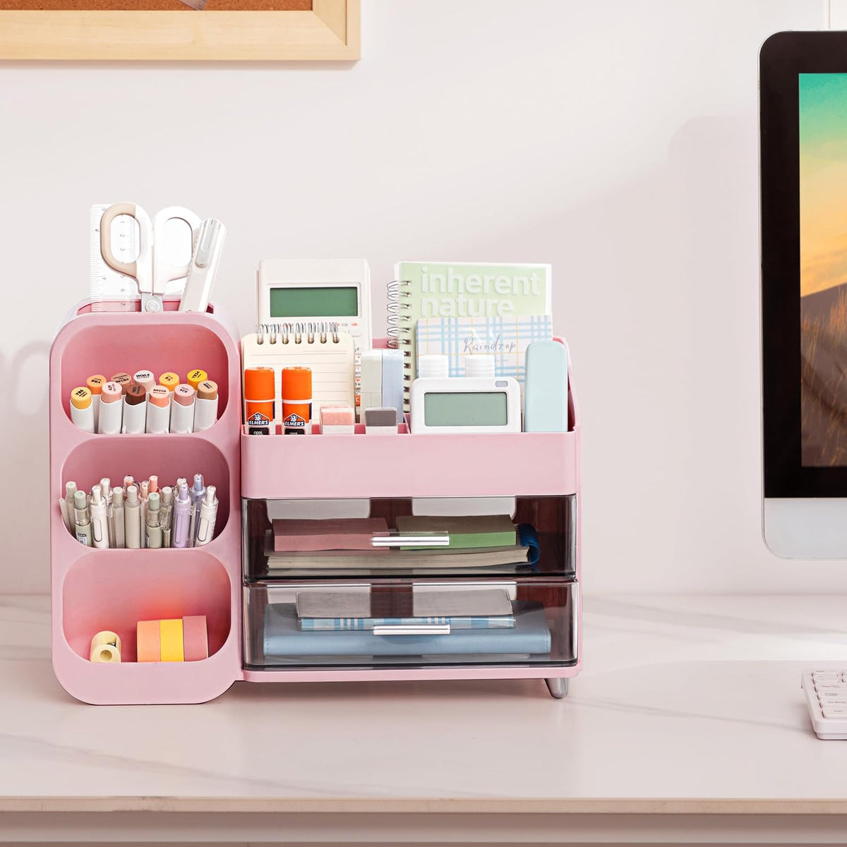 Desk Organizer with Pen Pencil Holder for Desk, Pen Organizer with 2 Drawers, Desk Organizers and Accessories with 4 Compartments, Desktop Storage for Office Home School Art Supplies, Pink