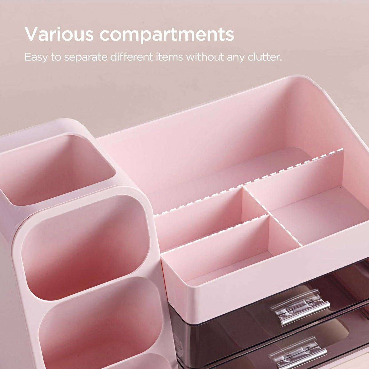 Desk Organizer with Pen Pencil Holder for Desk, Pen Organizer with 2 Drawers, Desk Organizers and Accessories with 4 Compartments, Desktop Storage for Office Home School Art Supplies, Pink