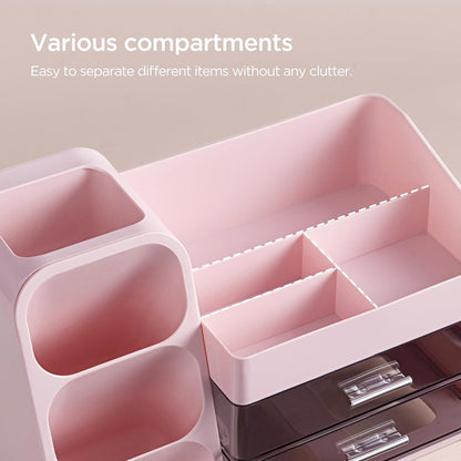 Desk Organizer with Pen Pencil Holder for Desk, Pen Organizer with 2 Drawers, Desk Organizers and Accessories with 4 Compartments, Desktop Storage for Office Home School Art Supplies, Pink