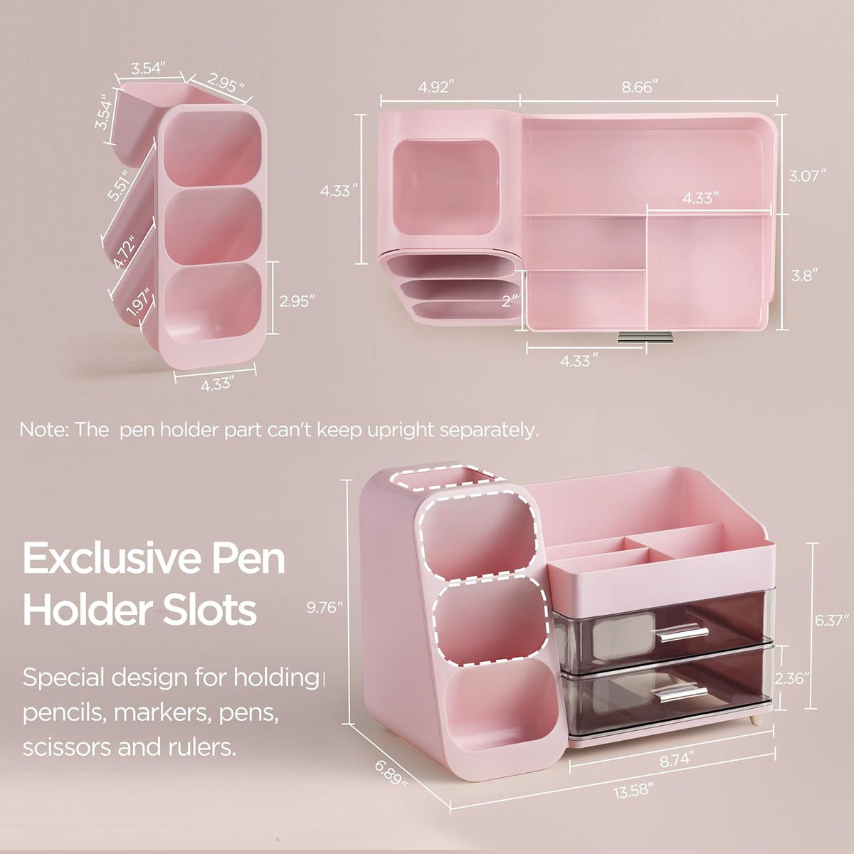 Desk Organizer with Pen Pencil Holder for Desk, Pen Organizer with 2 Drawers, Desk Organizers and Accessories with 4 Compartments, Desktop Storage for Office Home School Art Supplies, Pink