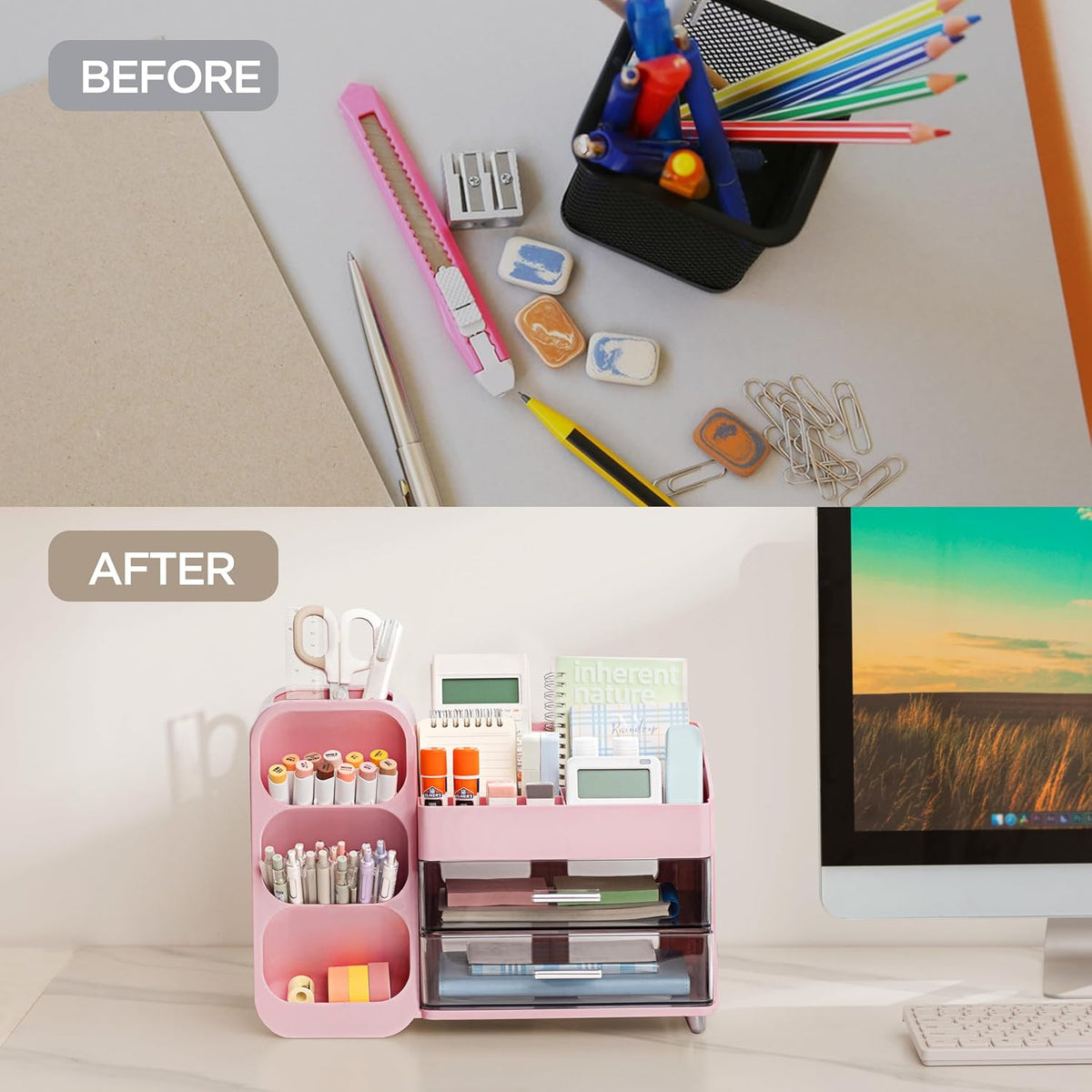 Desk Organizer with Pen Pencil Holder for Desk, Pen Organizer with 2 Drawers, Desk Organizers and Accessories with 4 Compartments, Desktop Storage for Office Home School Art Supplies, Pink
