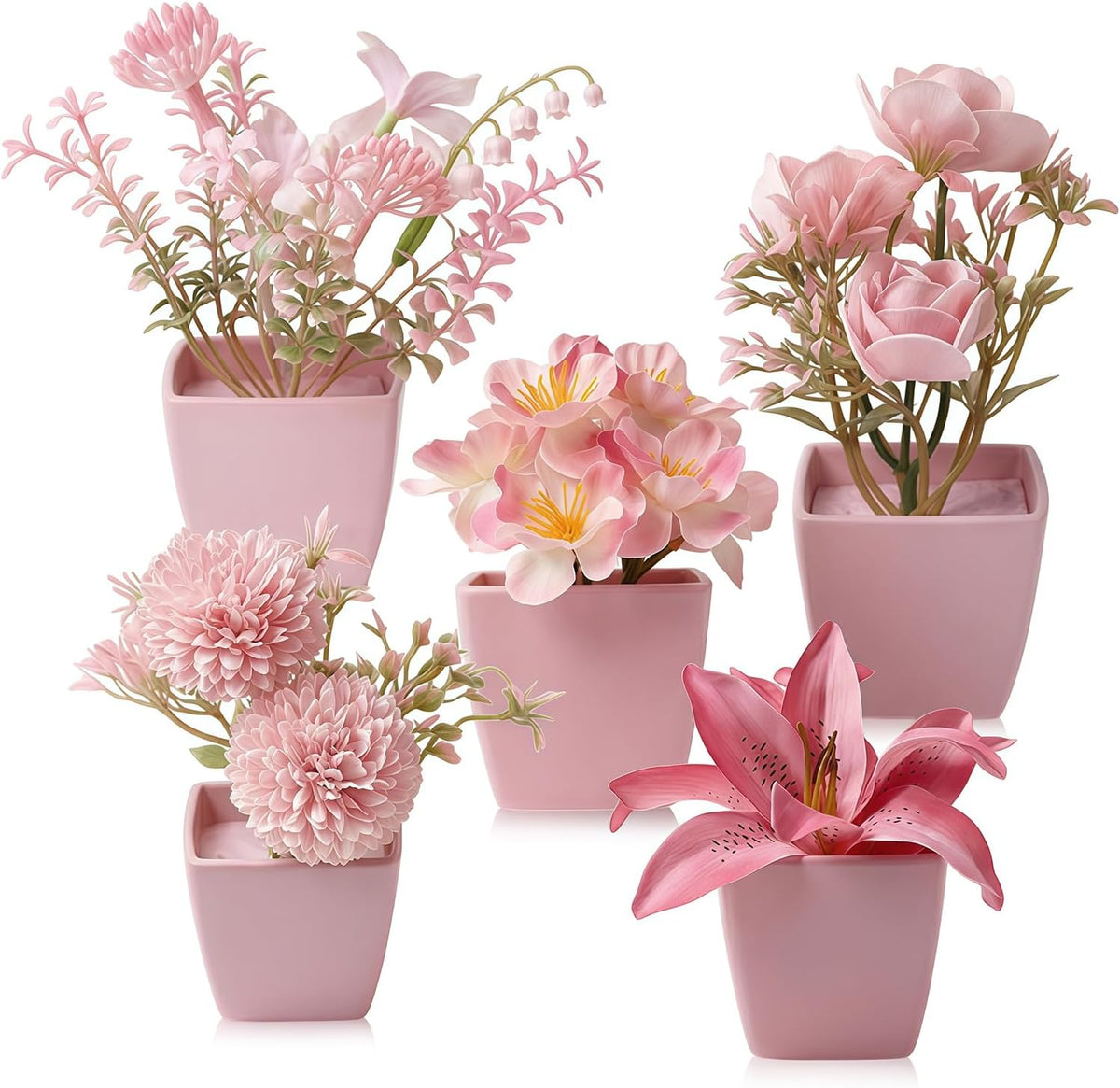 5 Pack Small Fake Plants Pink Artificial Plants Indoor Mini Potted Plant Flowers Set Faux Greenery Pot for Home Bathroom Decor Office Desk Room Shelf Kitchen Living Table Decoration (22736ZH5)