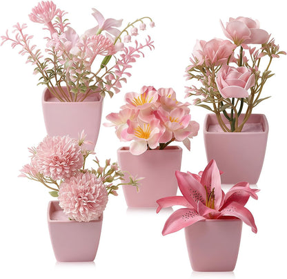 5 Pack Small Fake Plants Pink Artificial Plants Indoor Mini Potted Plant Flowers Set Faux Greenery Pot for Home Bathroom Decor Office Desk Room Shelf Kitchen Living Table Decoration (22736ZH5)