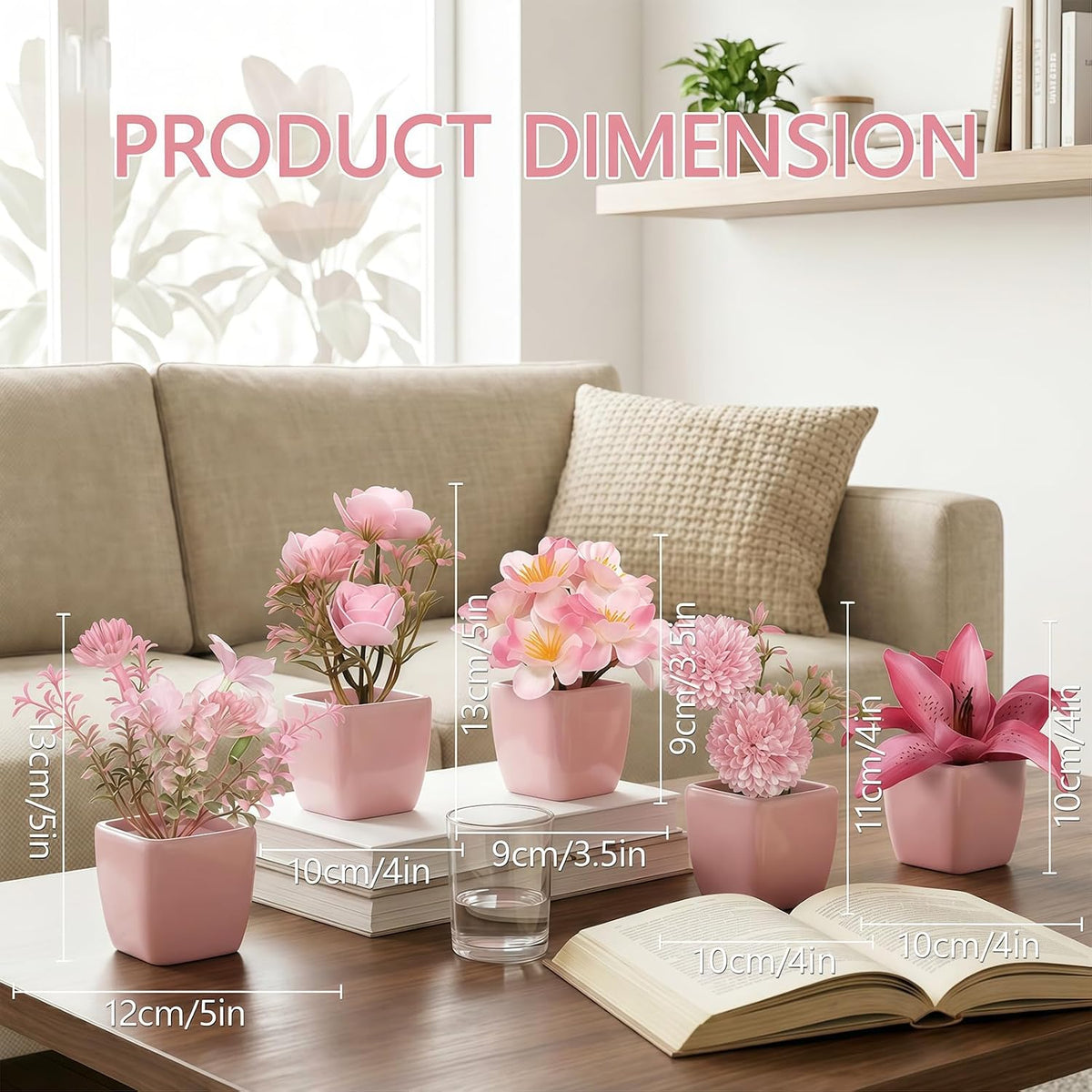 5 Pack Small Fake Plants Pink Artificial Plants Indoor Mini Potted Plant Flowers Set Faux Greenery Pot for Home Bathroom Decor Office Desk Room Shelf Kitchen Living Table Decoration (22736ZH5)