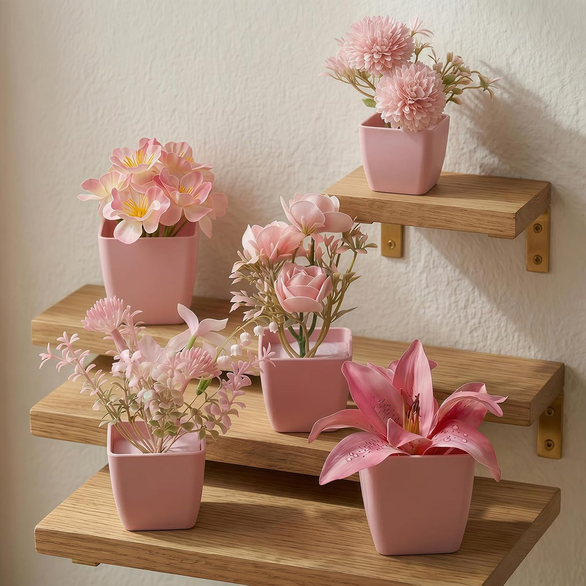 5 Pack Small Fake Plants Pink Artificial Plants Indoor Mini Potted Plant Flowers Set Faux Greenery Pot for Home Bathroom Decor Office Desk Room Shelf Kitchen Living Table Decoration (22736ZH5)
