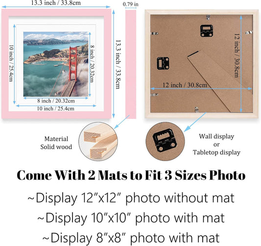 12x12 Wood Picture Frames for Wall Hanging or Tabletop,Diamond Painting Frame Baby Scan Picture Frames with 2 Mats Display 8x8 or 10x10 for Family Walls Decoration,Anniversary,Wedding,Christmas(Pink)