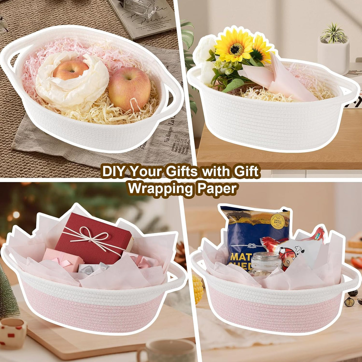 OIAHOMY Gift Basket Empty with Handle, 12"x 8"x 5" Small Woven Basket with Gift Bag, Ribbon and Wrap Tissue Paper, Dog Toy Storage for Organizing - Pink & White