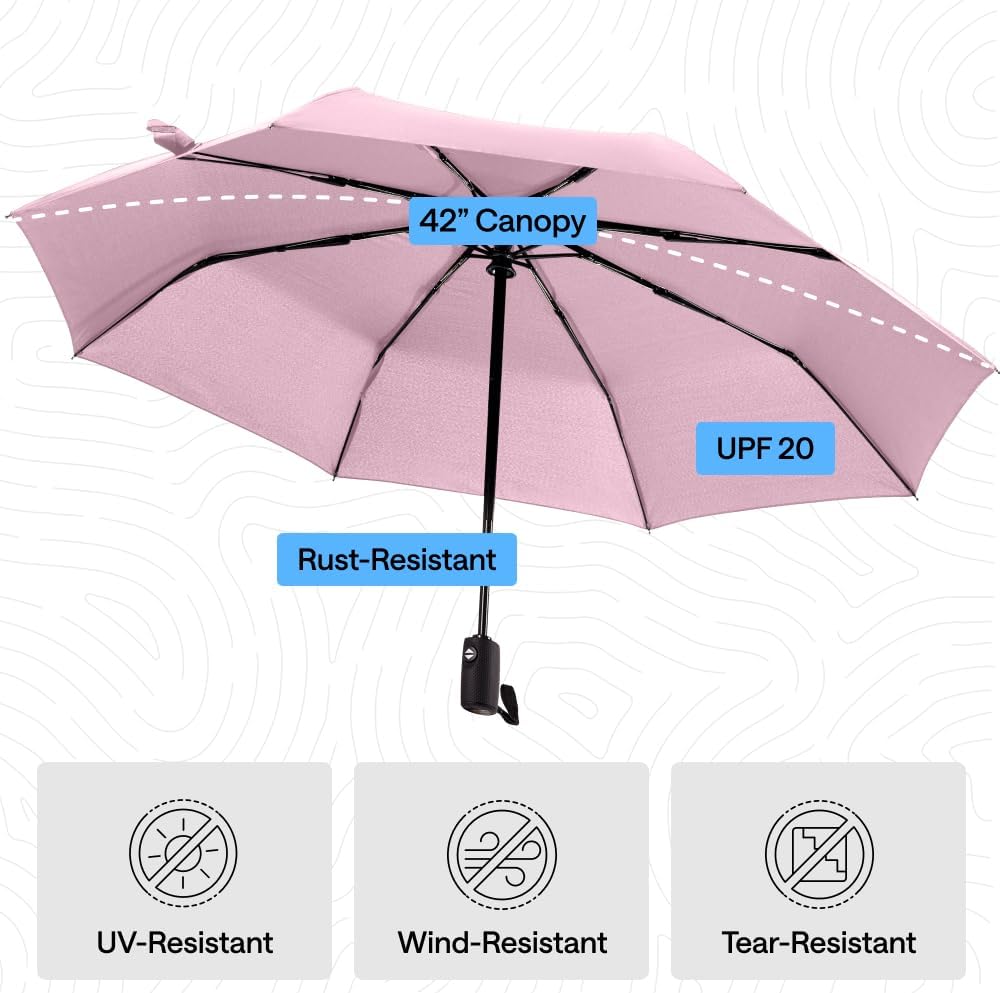 Compact Travel Size Umbrella for Rain, Sleek Design, Pink
