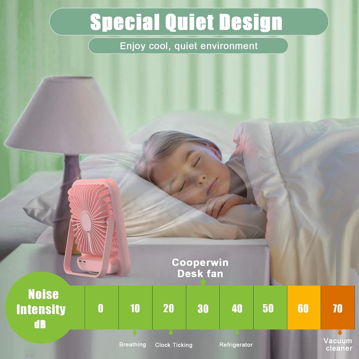 Portable Travel Fan for Sleeping, 6.8" Small Desk Fan Quiet