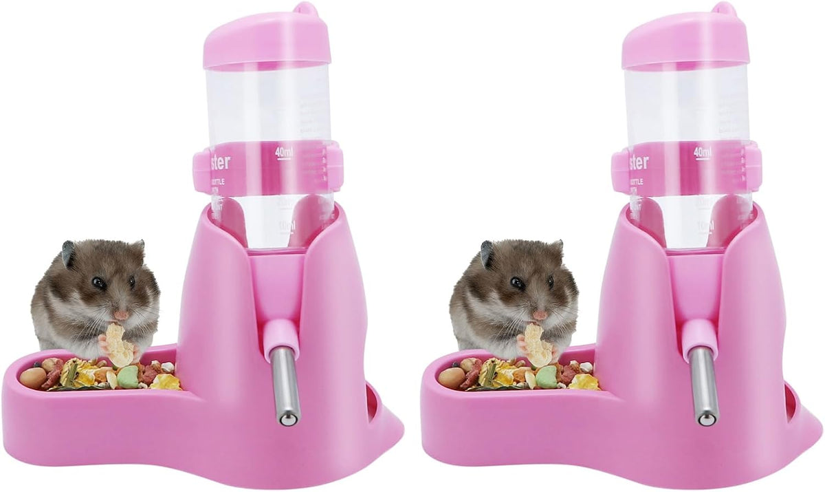 3 in 1 Hamster Water Bottle Small Pet Automatic Water Dispenser with Food Container Base Hideout for Dwarf Hamster Mice Gerbils, 2 Pack (Pink, 80ML)