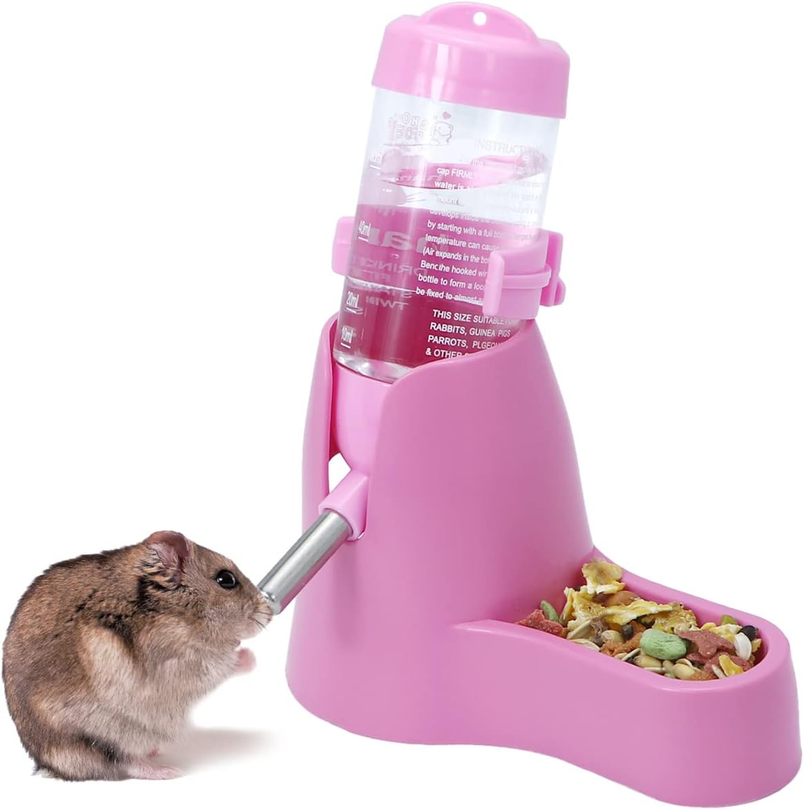 3 in 1 Hamster Water Bottle Small Pet Automatic Water Dispenser with Food Container Base Hideout for Dwarf Hamster Mice Gerbils, 2 Pack (Pink, 80ML)