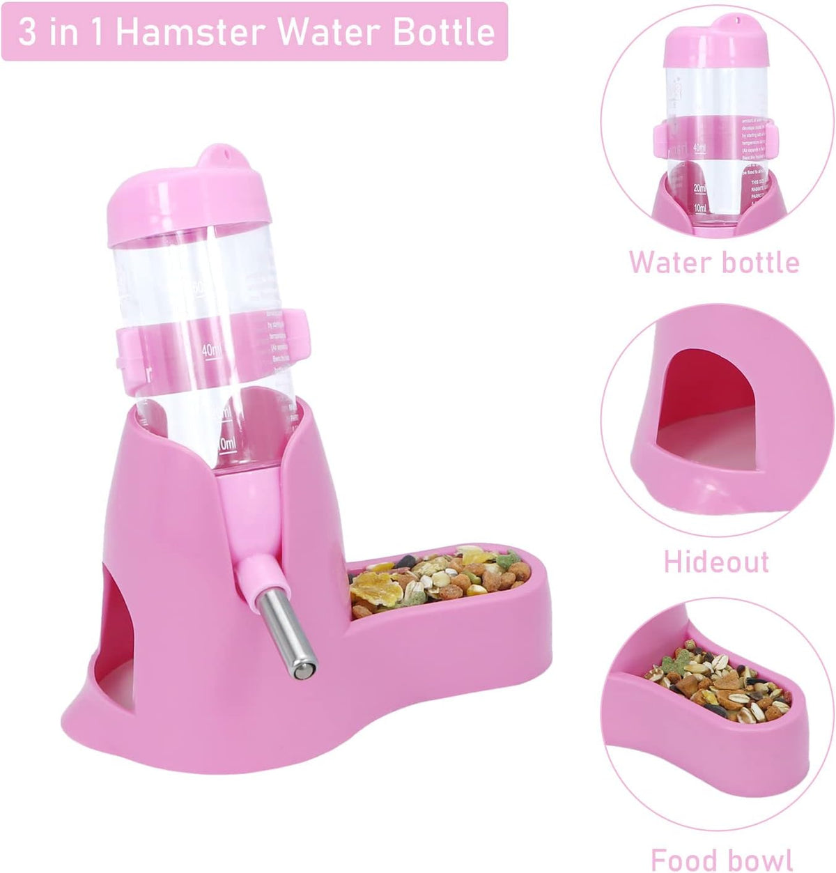 3 in 1 Hamster Water Bottle Small Pet Automatic Water Dispenser with Food Container Base Hideout for Dwarf Hamster Mice Gerbils, 2 Pack (Pink, 80ML)