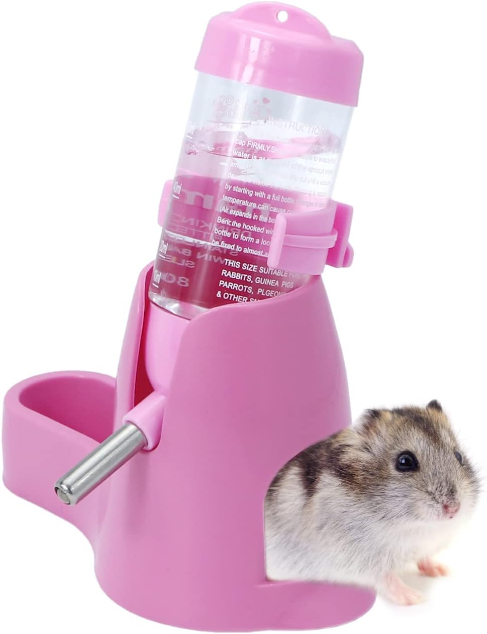 3 in 1 Hamster Water Bottle Small Pet Automatic Water Dispenser with Food Container Base Hideout for Dwarf Hamster Mice Gerbils, 2 Pack (Pink, 80ML)