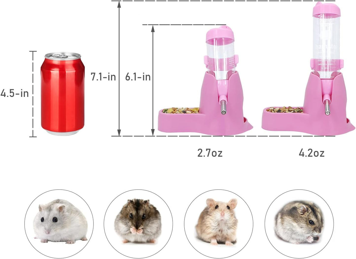 3 in 1 Hamster Water Bottle Small Pet Automatic Water Dispenser with Food Container Base Hideout for Dwarf Hamster Mice Gerbils, 2 Pack (Pink, 80ML)