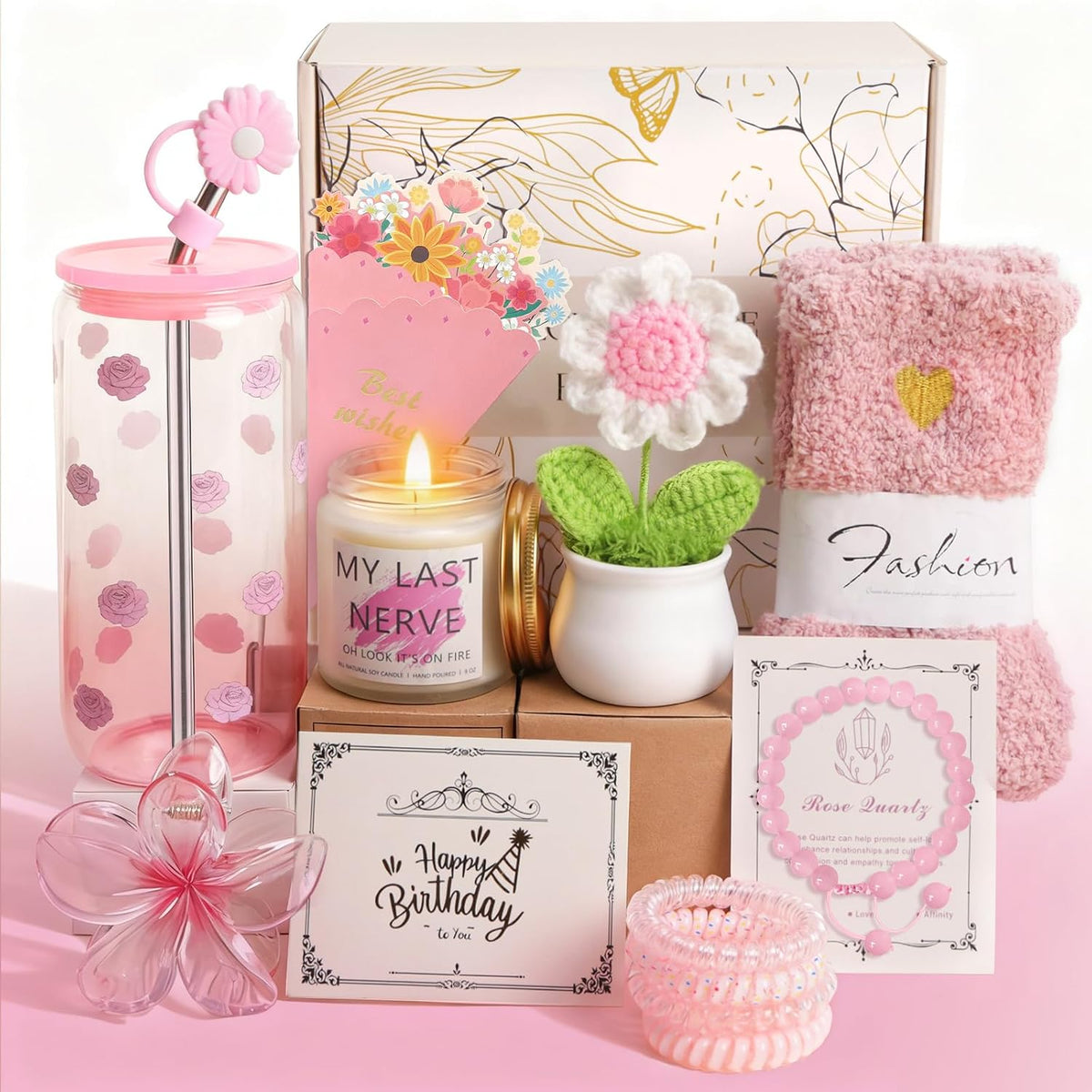 Birthday Gifts for Women Teen Girls, Unique Happy Graduation Gift Baskets for Her, Thank You Teacher Self Care Get Well Present Set, 14pcs Cute Rose Box Girlfriend Wife Sister Coworker(Pink)