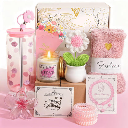 Birthday Gifts for Women Teen Girls, Unique Happy Graduation Gift Baskets for Her, Thank You Teacher Self Care Get Well Present Set, 14pcs Cute Rose Box Girlfriend Wife Sister Coworker(Pink)