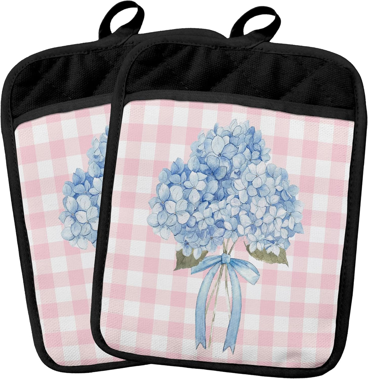 Coquette Bow Blue Hydrangea Floral Pot Holders 2 Pack Set, Preppy Pink and White Checkered Hydrangea Flower Heat Resistant Oven Hot Pads for Kitchen Countertop Baking，051 Potholder