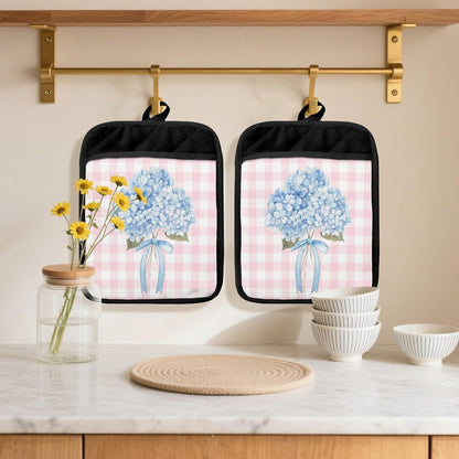 Coquette Bow Blue Hydrangea Floral Pot Holders 2 Pack Set, Preppy Pink and White Checkered Hydrangea Flower Heat Resistant Oven Hot Pads for Kitchen Countertop Baking，051 Potholder