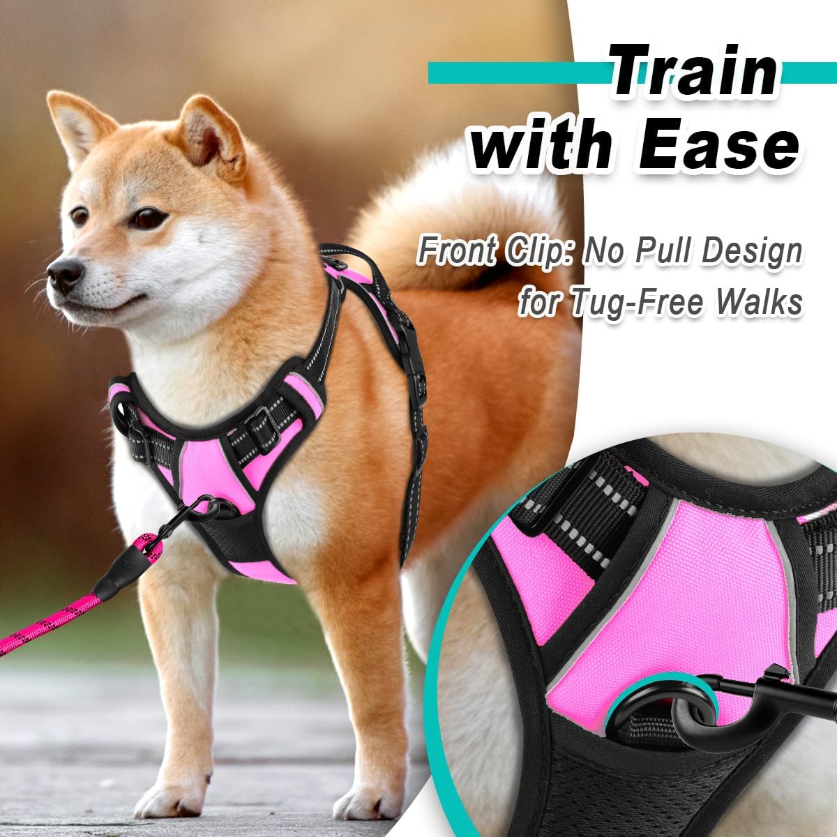 No Pull Pet Harness Dog Harness Adjustable Outdoor Pet Vest 3M Reflective Oxford Material Vest for PINK Dogs Easy Control for Small Medium Large Dogs (L)