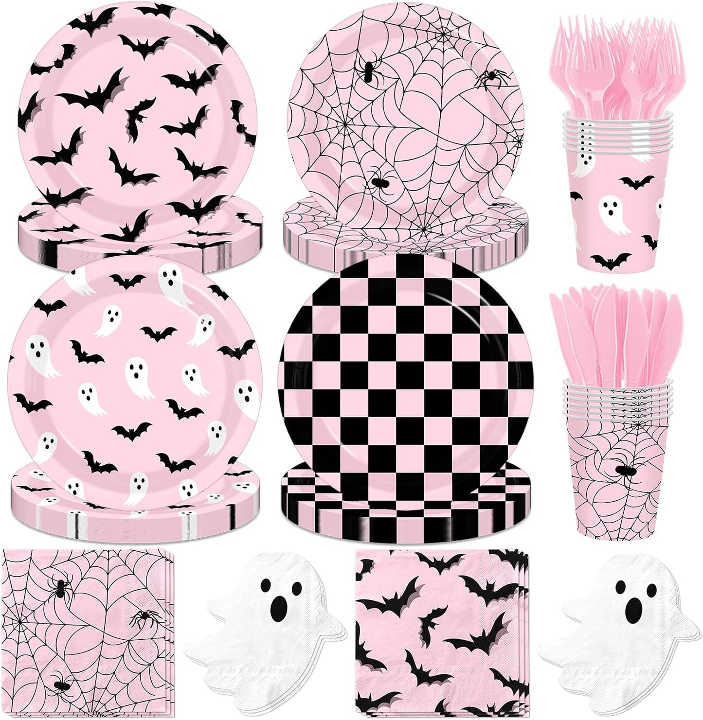 Halloween Paper Plates and Napkins - Pink Halloween Decor Tableware Set Ghost Bat Party Plates Napkins for halloween Birthday,Baby Shower Party Supplies Serves 24