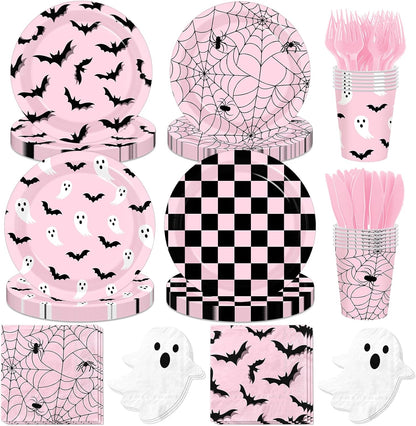 Halloween Paper Plates and Napkins - Pink Halloween Decor Tableware Set Ghost Bat Party Plates Napkins for halloween Birthday,Baby Shower Party Supplies Serves 24