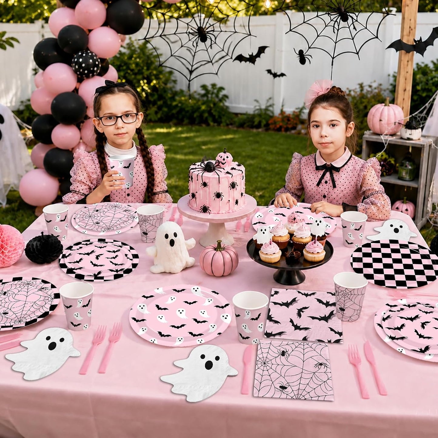Halloween Paper Plates and Napkins - Pink Halloween Decor Tableware Set Ghost Bat Party Plates Napkins for halloween Birthday,Baby Shower Party Supplies Serves 24
