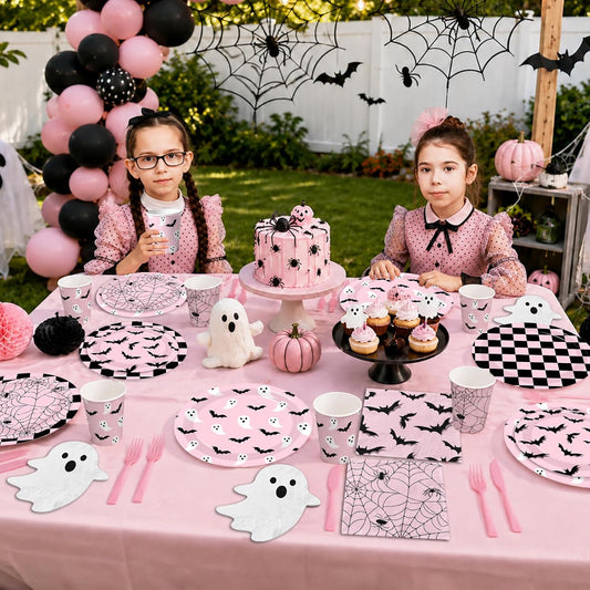 Halloween Paper Plates and Napkins - Pink Halloween Decor Tableware Set Ghost Bat Party Plates Napkins for halloween Birthday,Baby Shower Party Supplies Serves 24