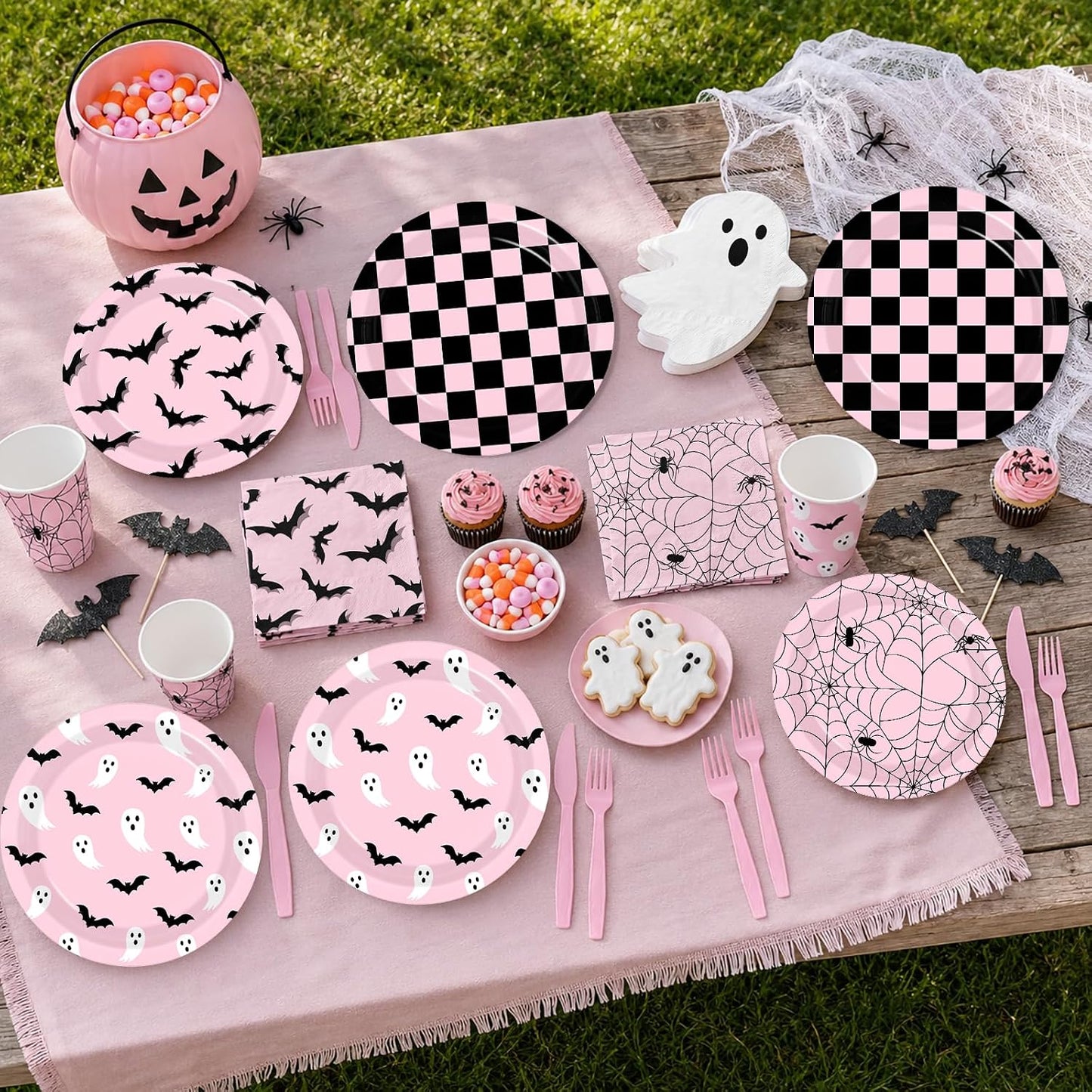 Halloween Paper Plates and Napkins - Pink Halloween Decor Tableware Set Ghost Bat Party Plates Napkins for halloween Birthday,Baby Shower Party Supplies Serves 24