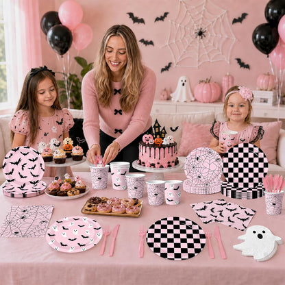 Halloween Paper Plates and Napkins - Pink Halloween Decor Tableware Set Ghost Bat Party Plates Napkins for halloween Birthday,Baby Shower Party Supplies Serves 24