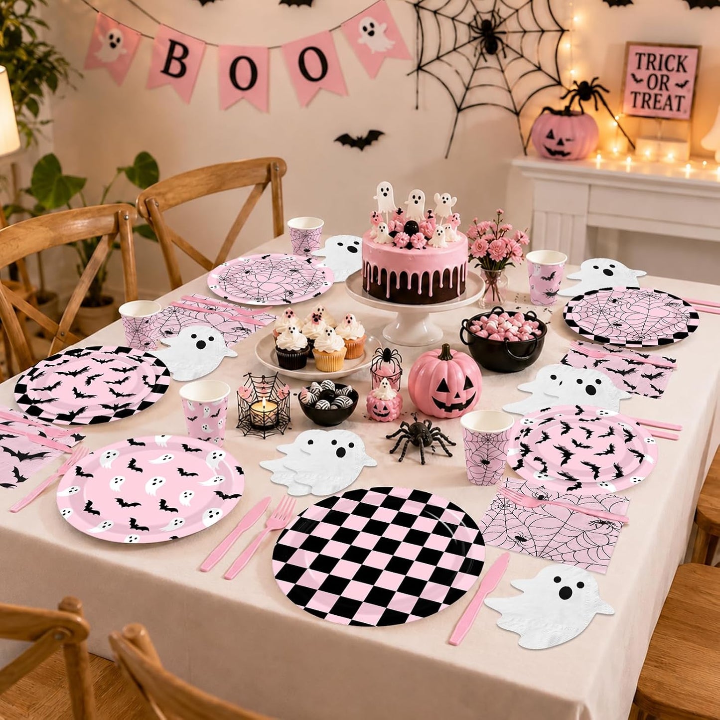 Halloween Paper Plates and Napkins - Pink Halloween Decor Tableware Set Ghost Bat Party Plates Napkins for halloween Birthday,Baby Shower Party Supplies Serves 24