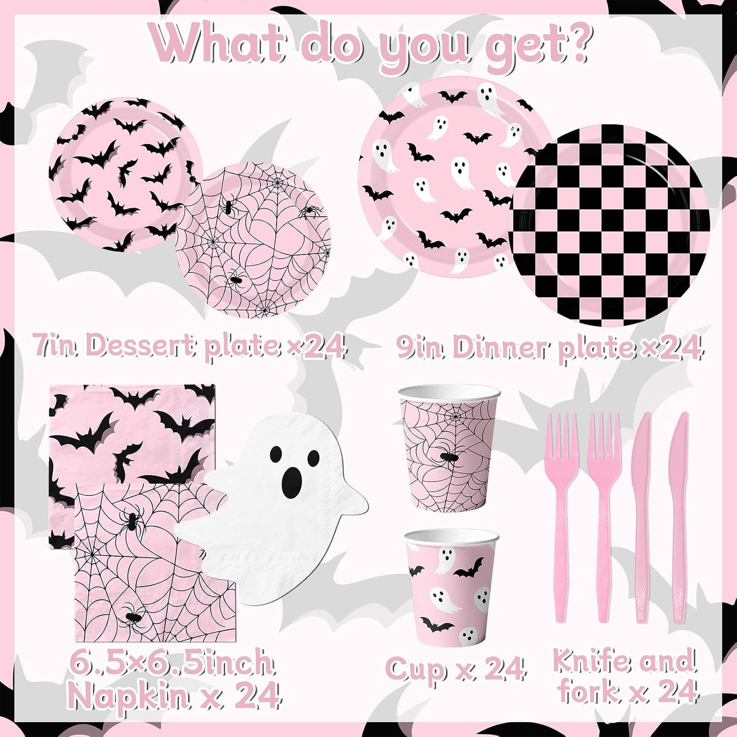 Halloween Paper Plates and Napkins - Pink Halloween Decor Tableware Set Ghost Bat Party Plates Napkins for halloween Birthday,Baby Shower Party Supplies Serves 24