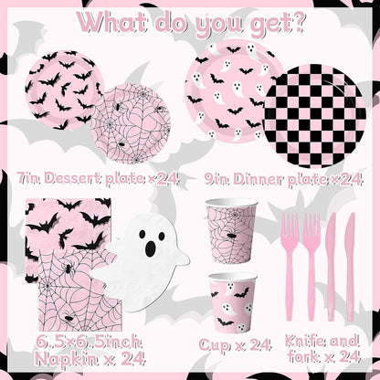 Halloween Paper Plates and Napkins - Pink Halloween Decor Tableware Set Ghost Bat Party Plates Napkins for halloween Birthday,Baby Shower Party Supplies Serves 24