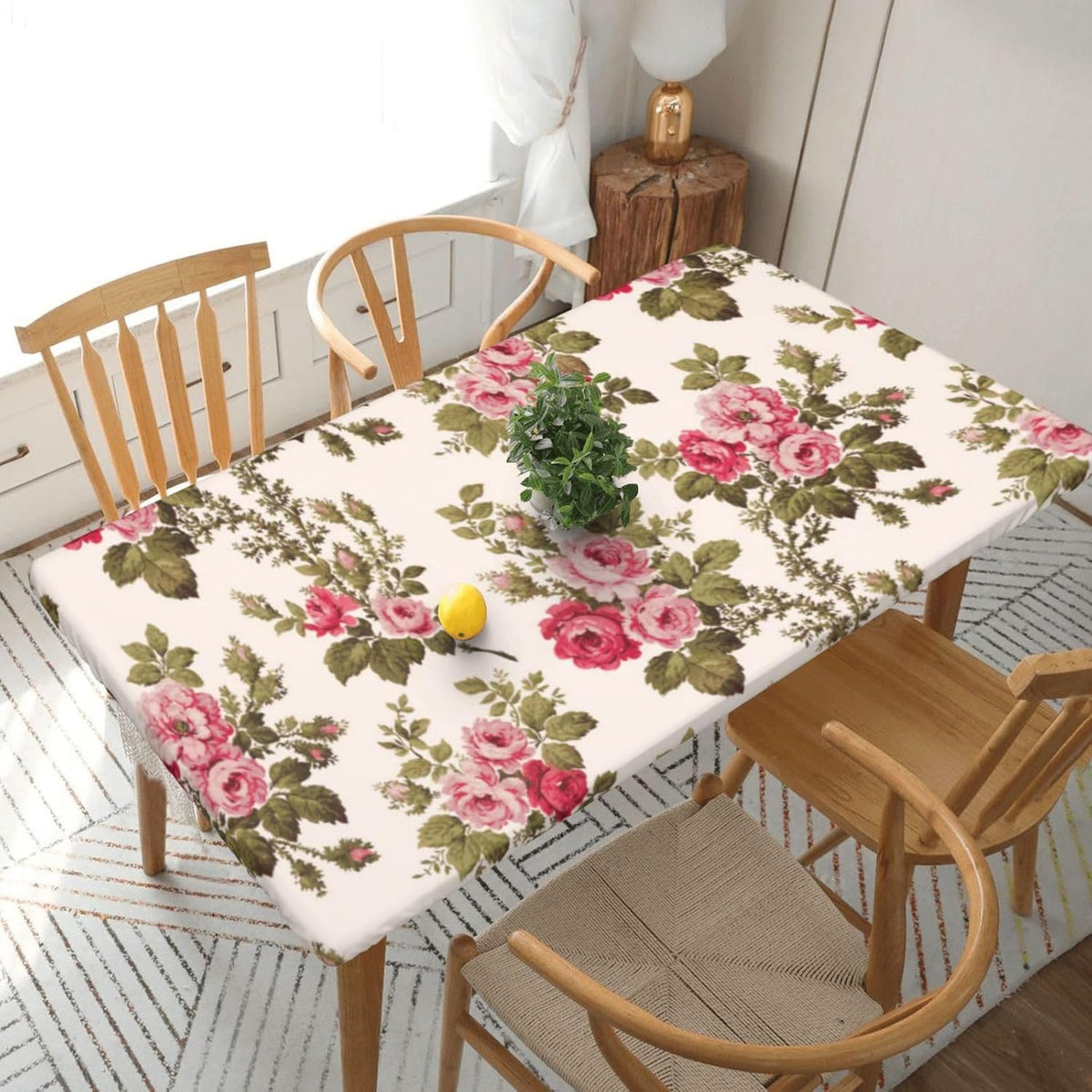 Elegant Vintage Pink Roses-Buff Rectangle Tablecloth Waterproof Elastic Fitted Table Cover for Dining, Camping, Outdoor 30"x72"