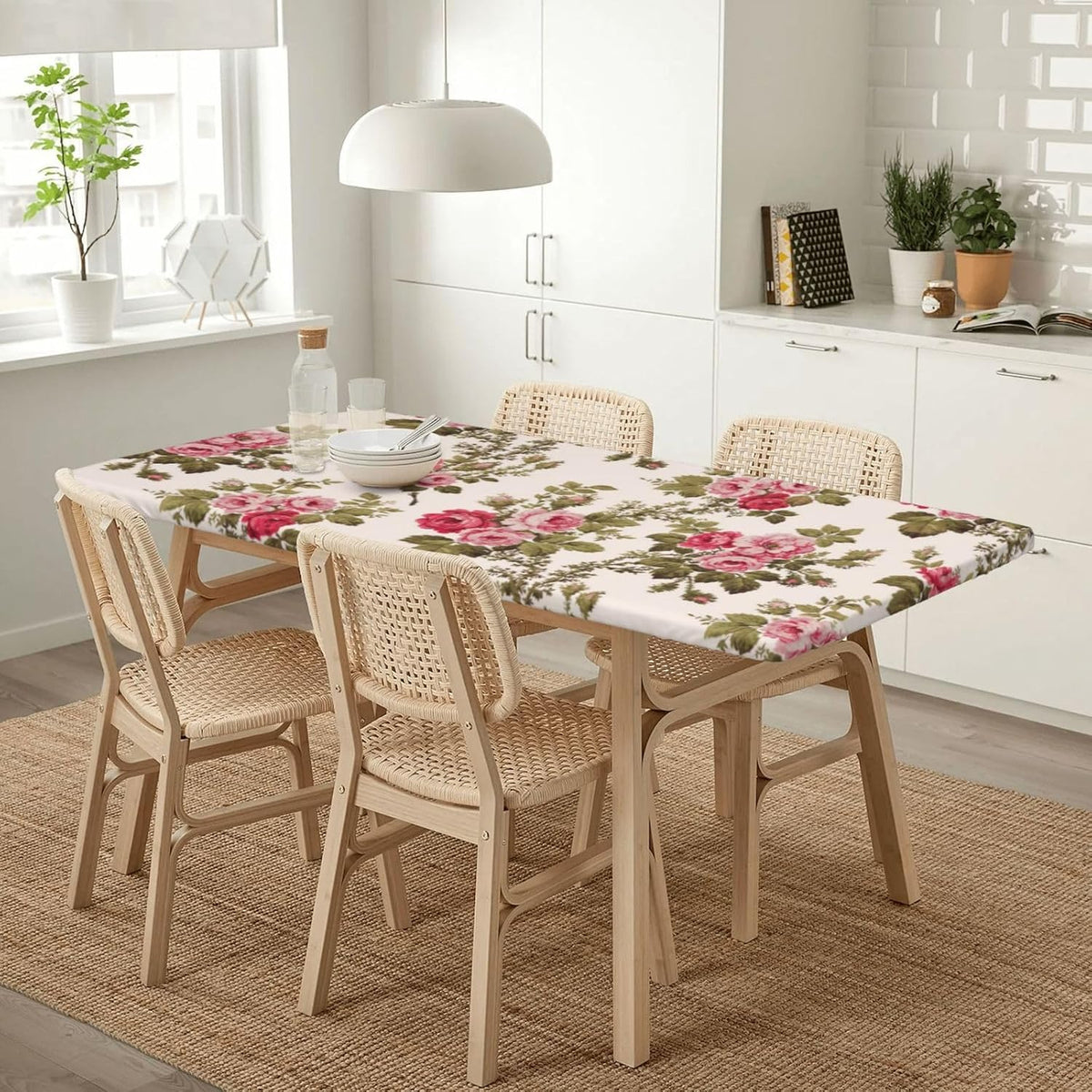 Elegant Vintage Pink Roses-Buff Rectangle Tablecloth Waterproof Elastic Fitted Table Cover for Dining, Camping, Outdoor 30"x72"