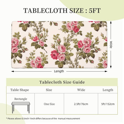 Elegant Vintage Pink Roses-Buff Rectangle Tablecloth Waterproof Elastic Fitted Table Cover for Dining, Camping, Outdoor 30"x72"