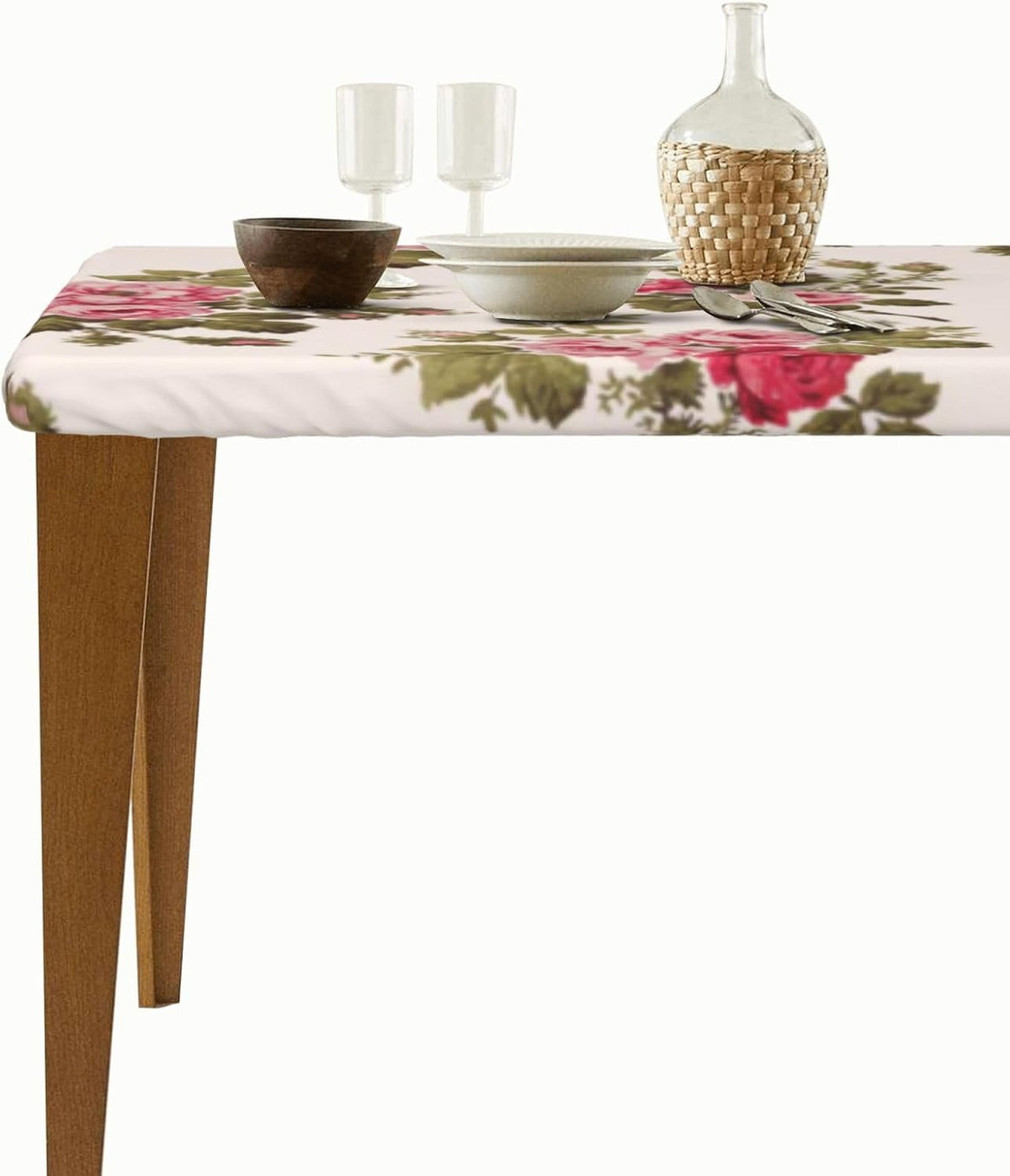 Elegant Vintage Pink Roses-Buff Rectangle Tablecloth Waterproof Elastic Fitted Table Cover for Dining, Camping, Outdoor 30"x72"