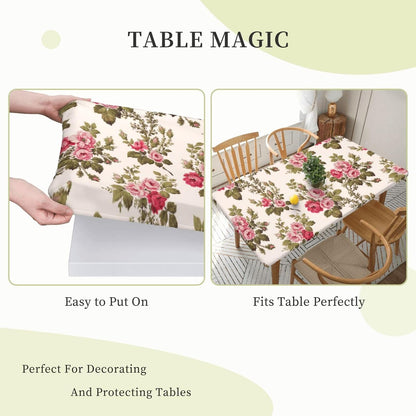 Elegant Vintage Pink Roses-Buff Rectangle Tablecloth Waterproof Elastic Fitted Table Cover for Dining, Camping, Outdoor 30"x72"