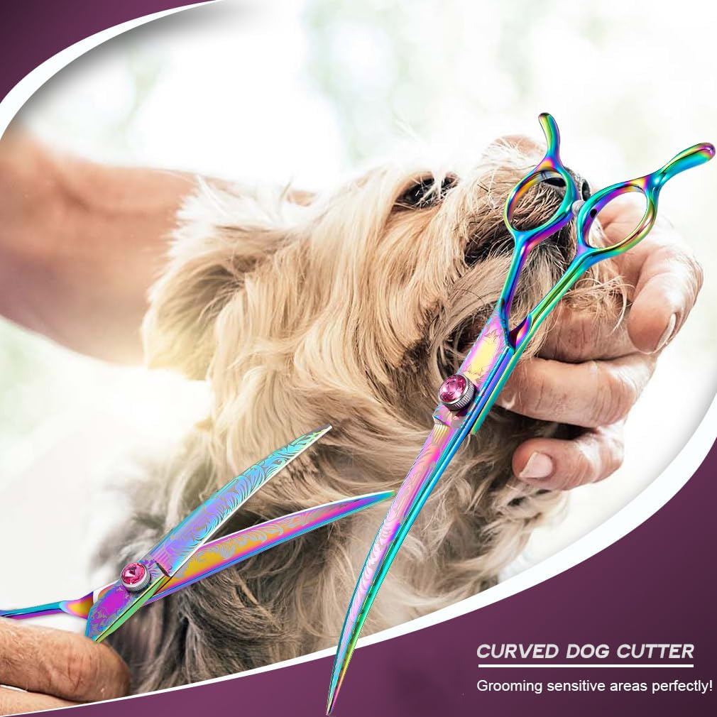 Dragon Creek 7"" Downward Curved Dog Grooming Scissors for Grooming Face and Paws Safety Shears Trimming Cutting Shears for Dog Cat Pet Grooming Rainbow