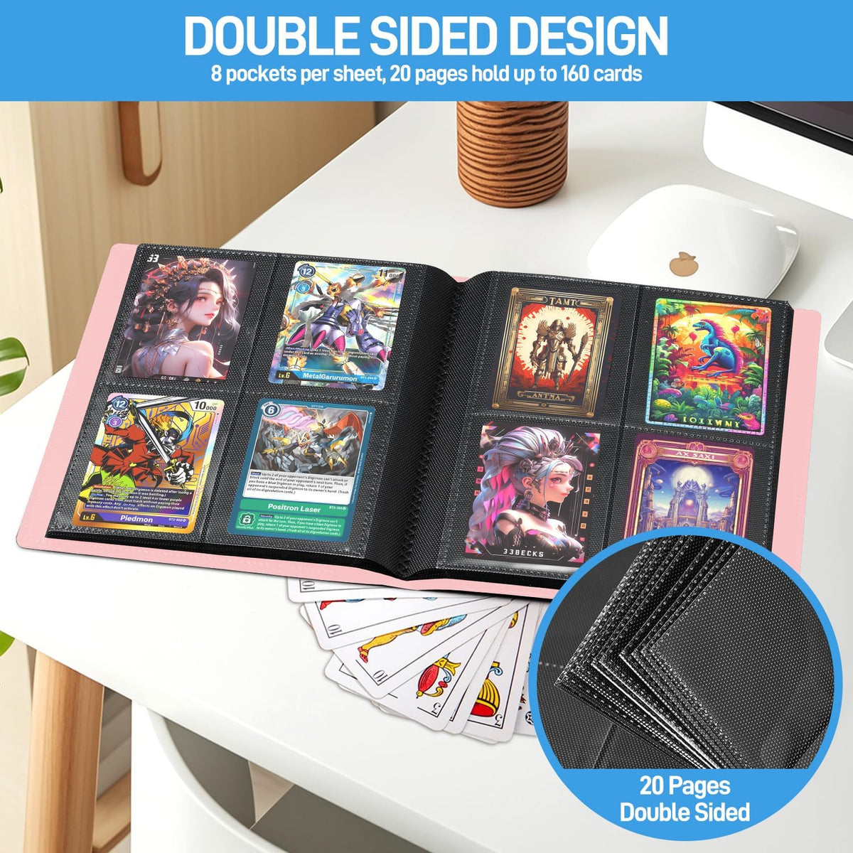Card Binder, Upgraded 4 Pockets Trading Card Binder for Cards, Mini Collection Card Album, 160 Pockets Mini Card Book Holder - Pink