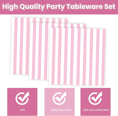 50PCS Pink Striped Paper Plates and Napkins Party Supplies, Pinkand White Scalloped Party Plates and Napkins Tableware Set for Birthday Bridal & Baby Shower Wedding Party Decoration (Pink)