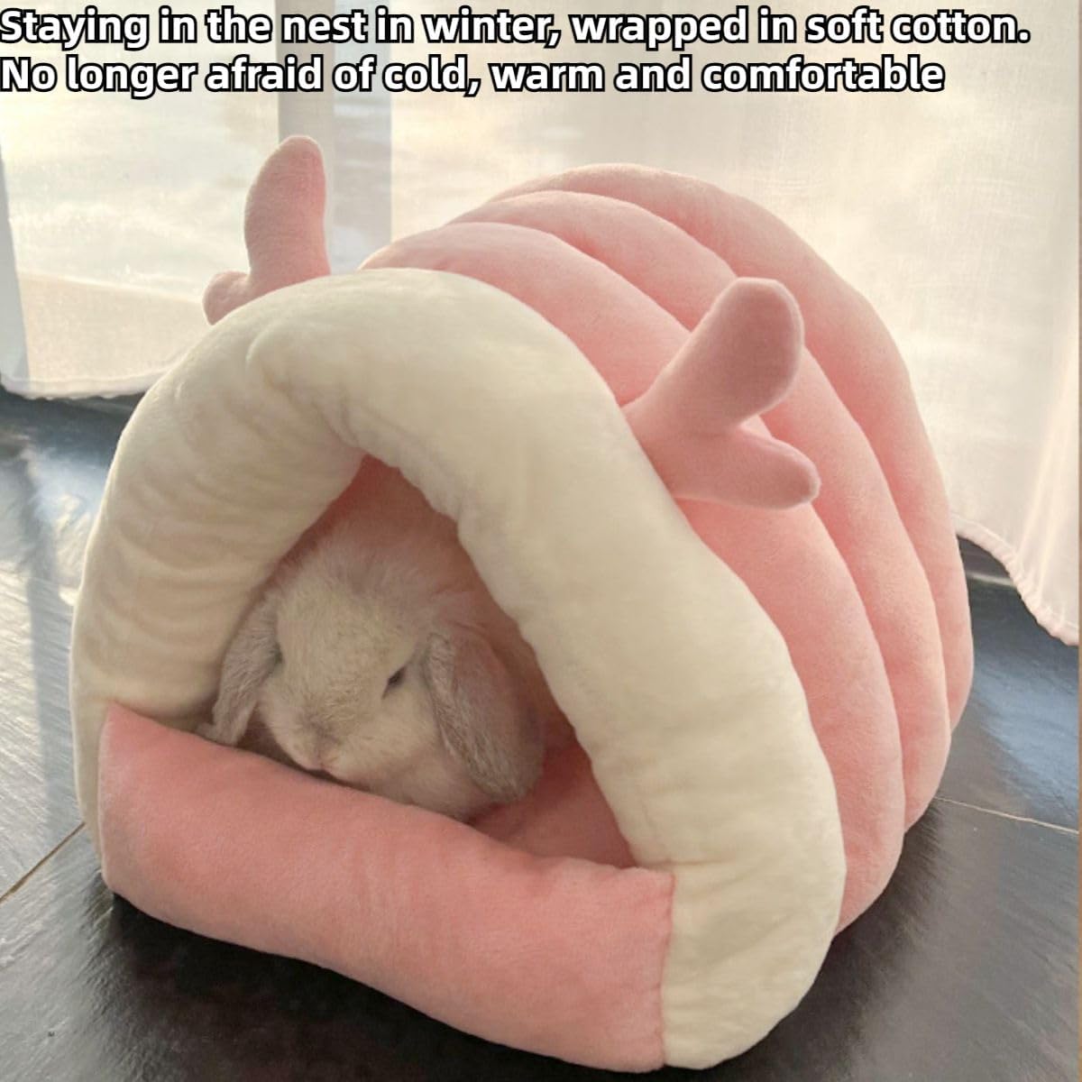 Warm Bunny Bed for Rabbits Outdoor Cage Hideout Hut Tent Cave Tunnel Cute House Cotton Washable Winter (Pink,Small)