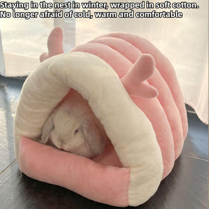 Warm Bunny Bed for Rabbits Outdoor Cage Hideout Hut Tent Cave Tunnel Cute House Cotton Washable Winter (Pink,Small)